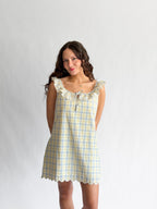 Bennie Blue and Yellow Plaid Embroidered Lace Ruffle Mini Dress