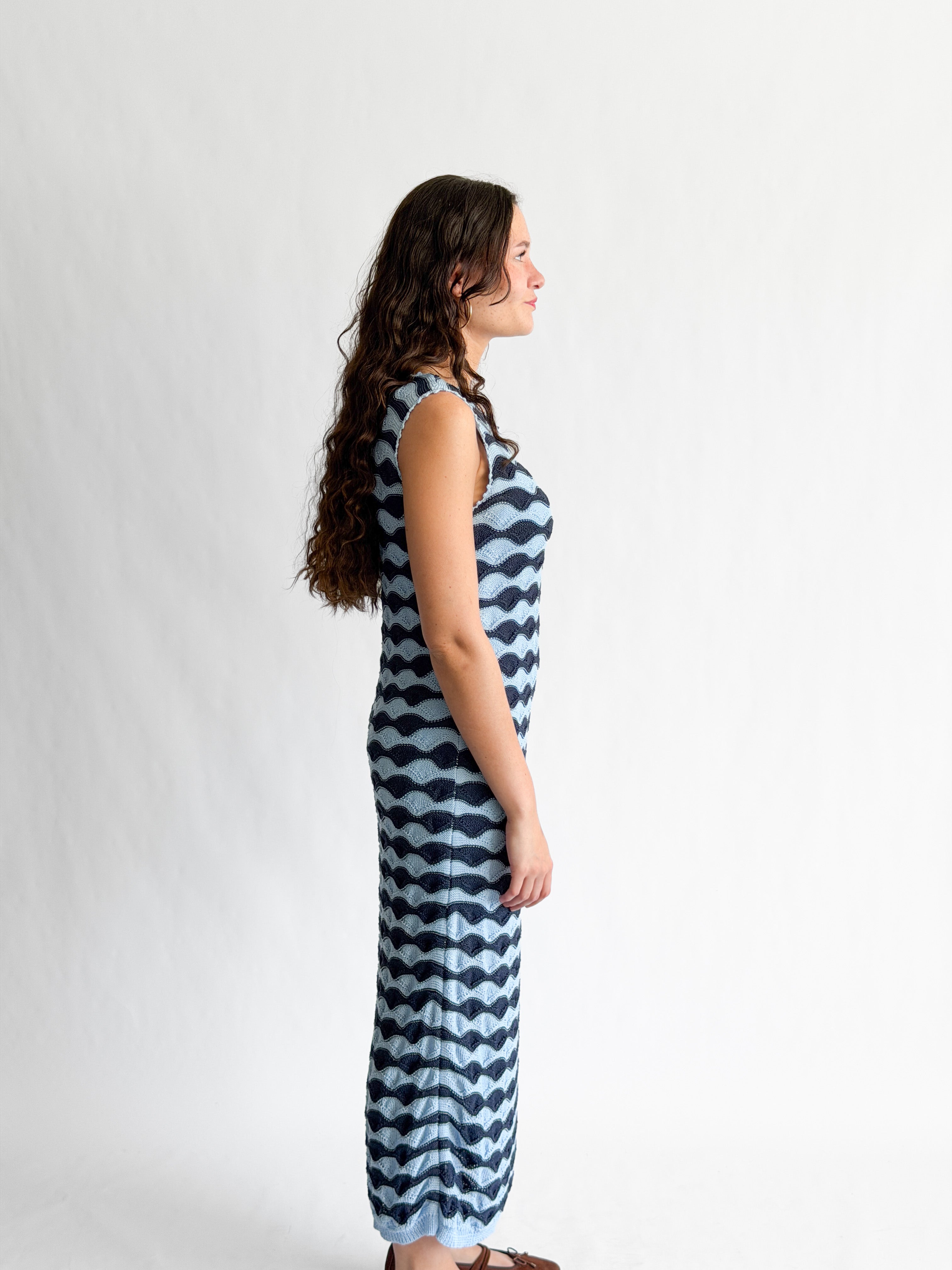 Bailey Blue Wavy Stripe Knit Sleeveless Midi Dress