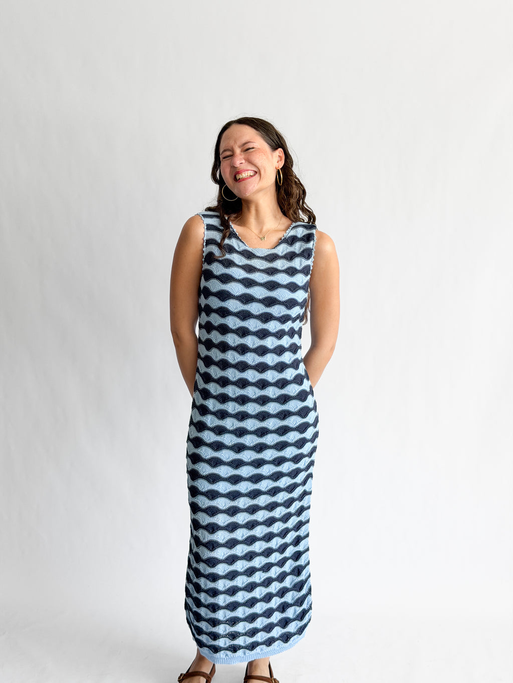 Bailey Blue Wavy Stripe Knit Sleeveless Midi Dress