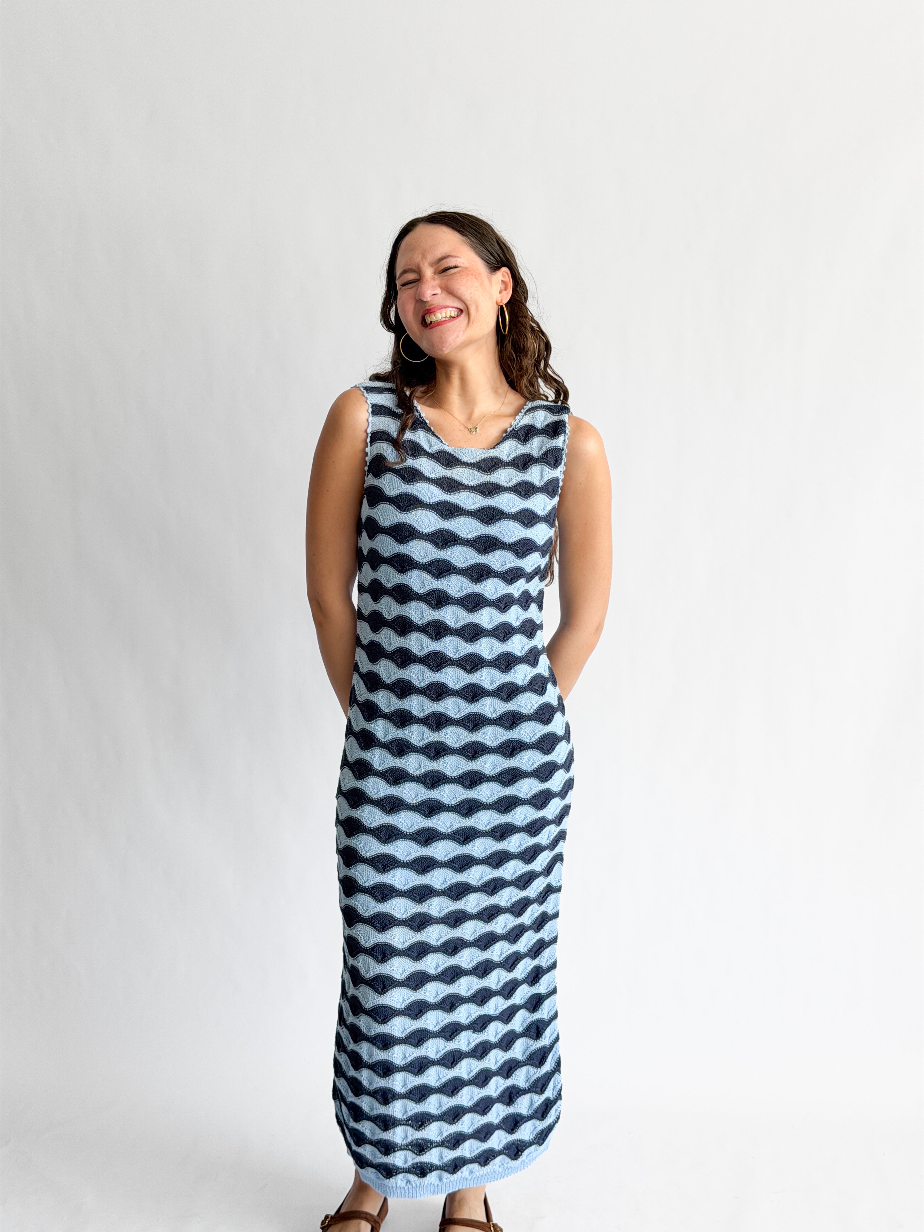Bailey Blue Wavy Stripe Knit Sleeveless Midi Dress