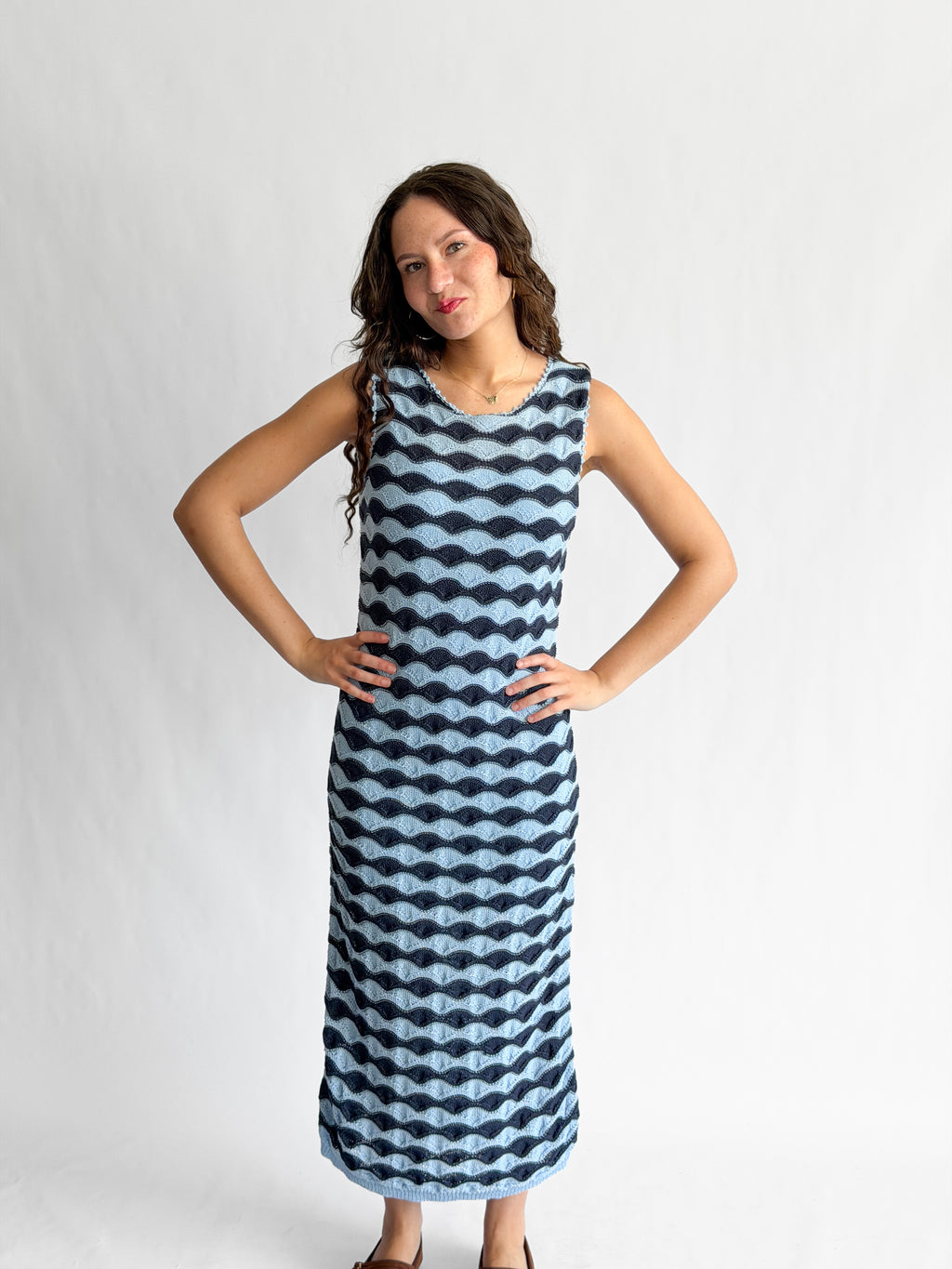 Bailey Blue Wavy Stripe Knit Sleeveless Midi Dress