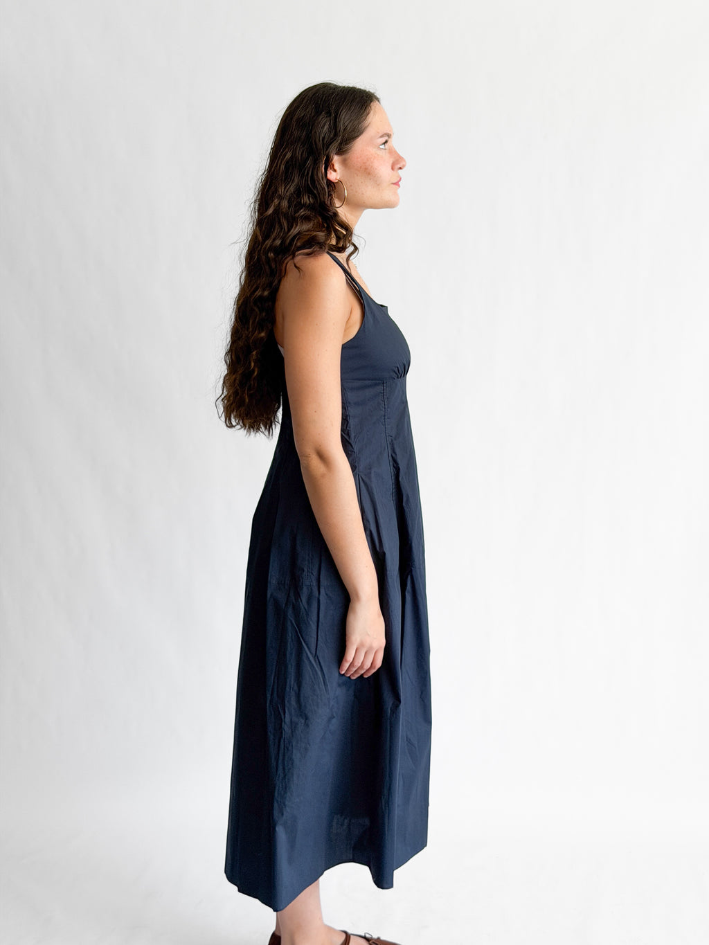 PINCH Bridget Cotton Square Neck Sleeveless Midi Dress (Navy)