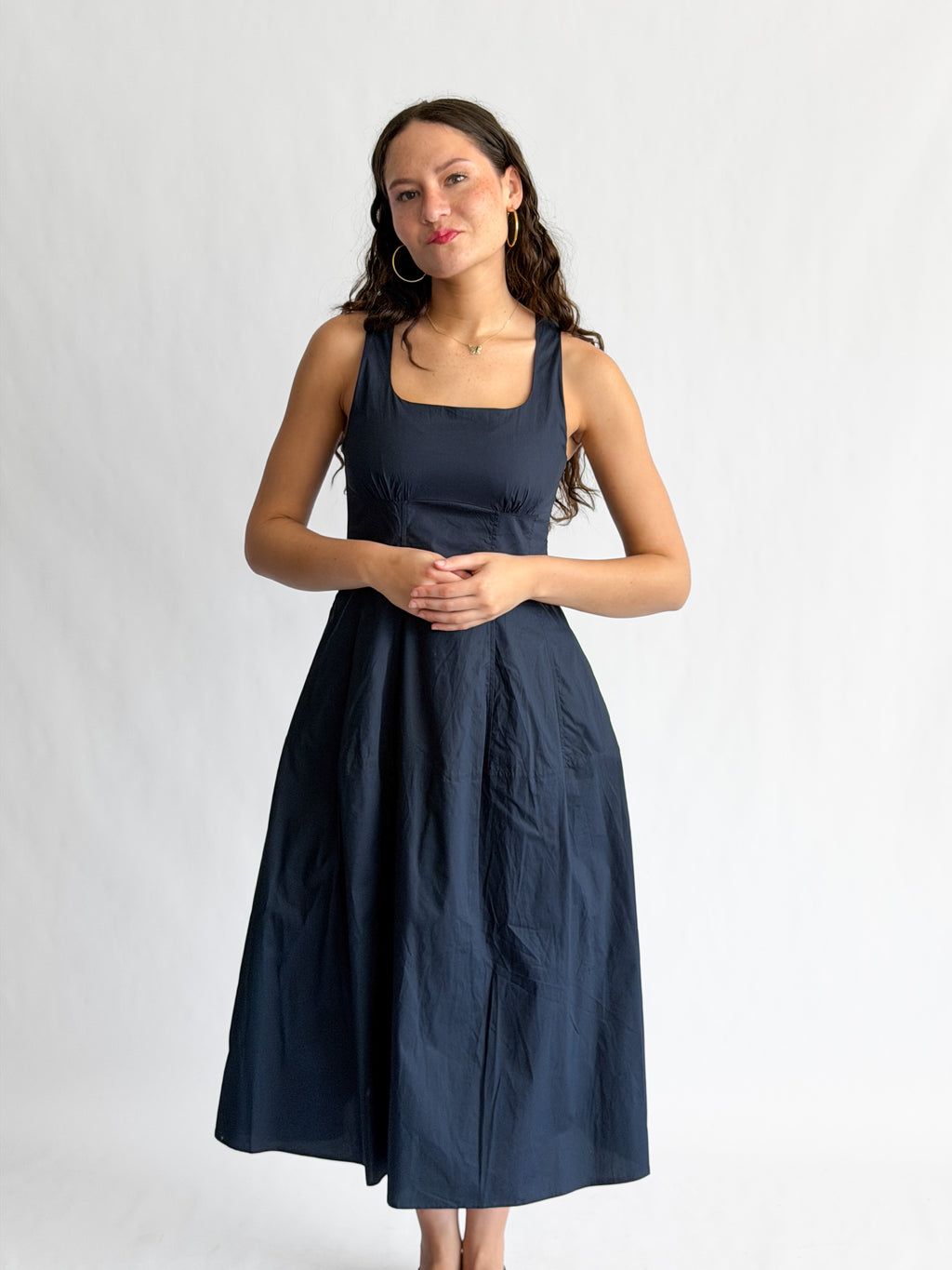 PINCH Bridget Cotton Square Neck Sleeveless Midi Dress (Navy)