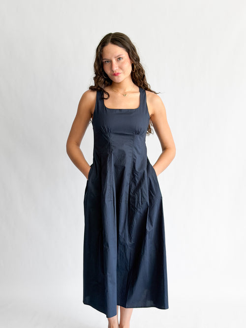 PINCH Bridget Cotton Square Neck Sleeveless Midi Dress (Navy)
