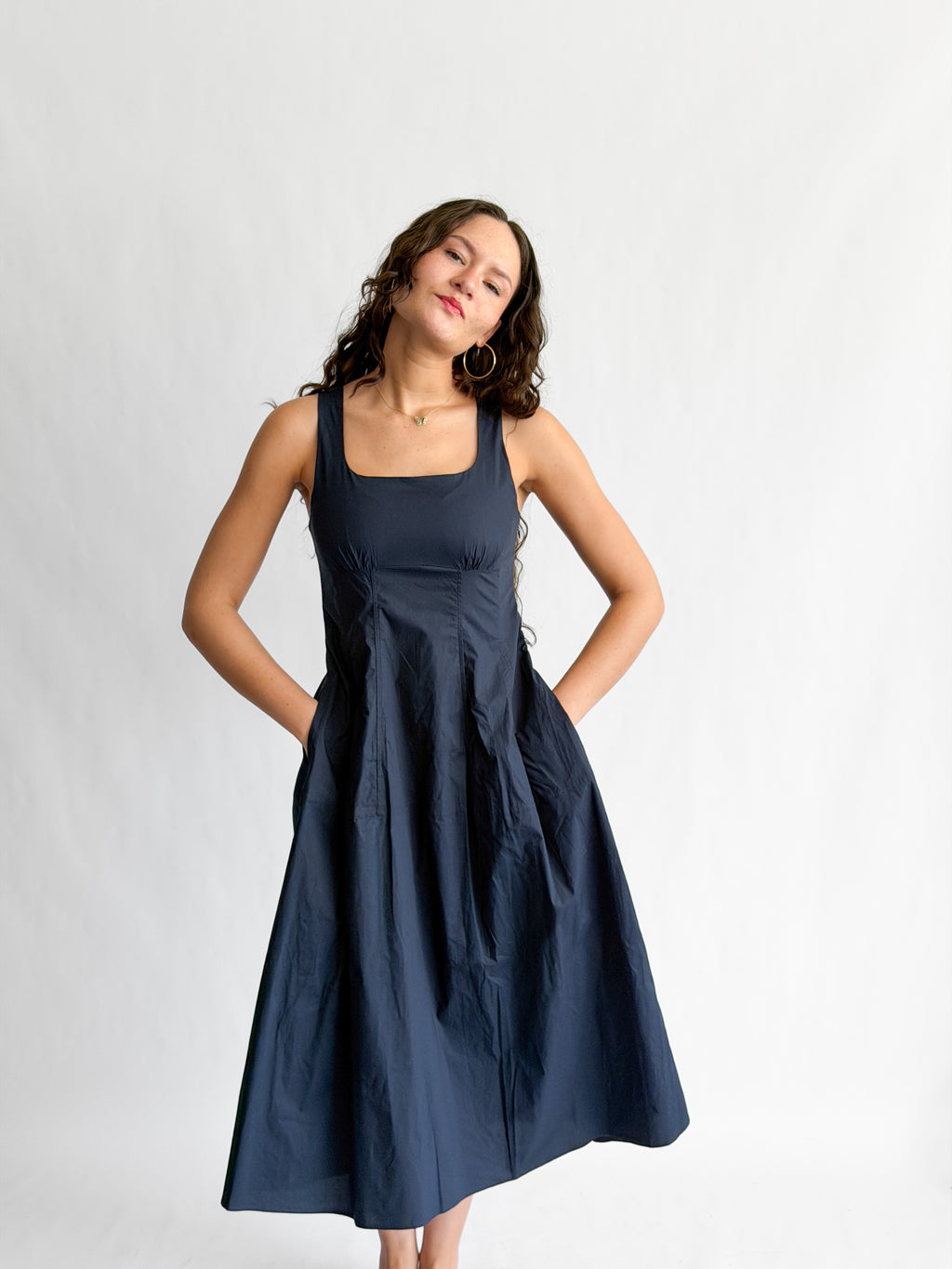 PINCH Bridget Cotton Square Neck Sleeveless Midi Dress (Navy)
