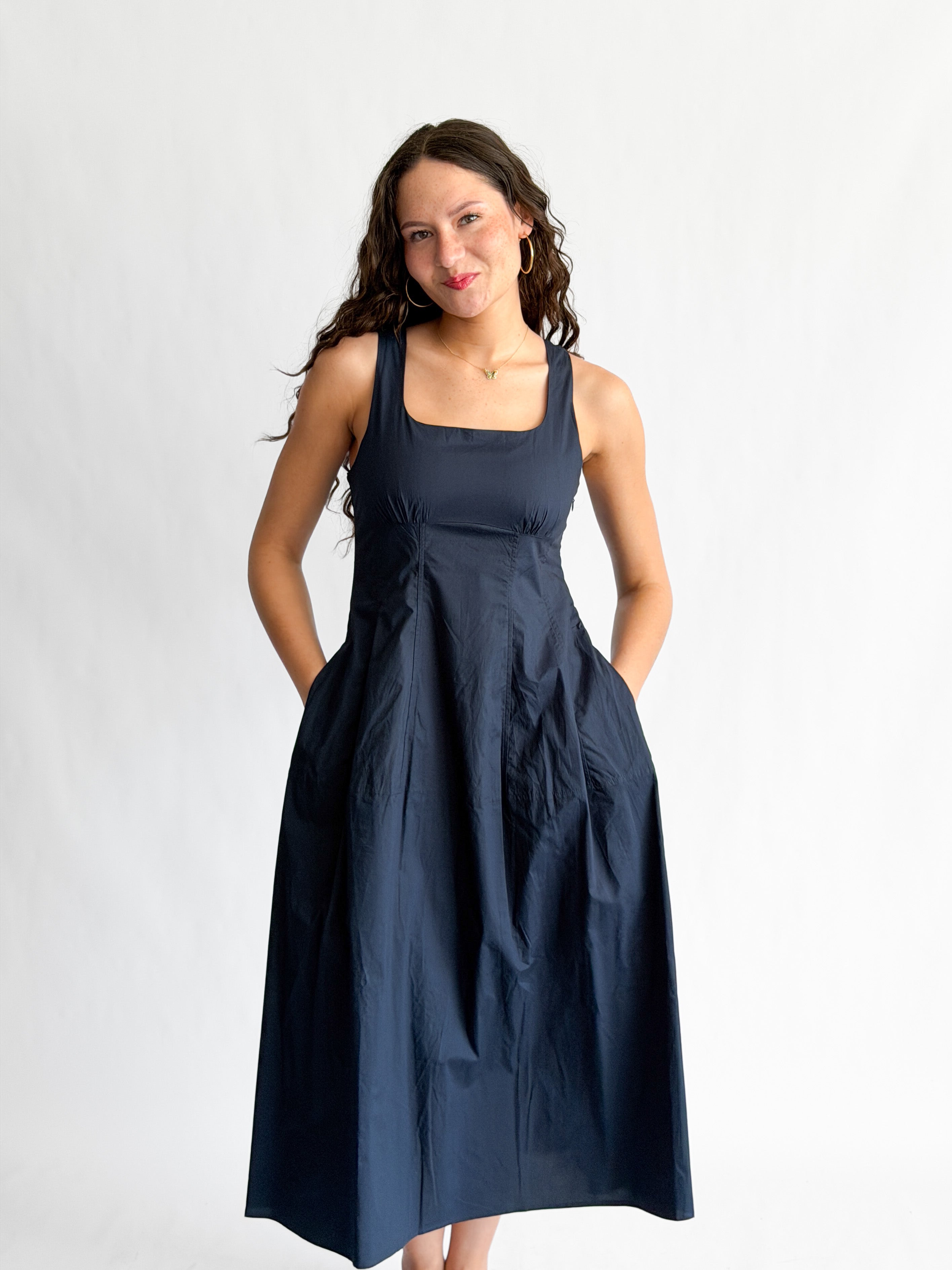 PINCH Bridget Cotton Square Neck Sleeveless Midi Dress (Navy)