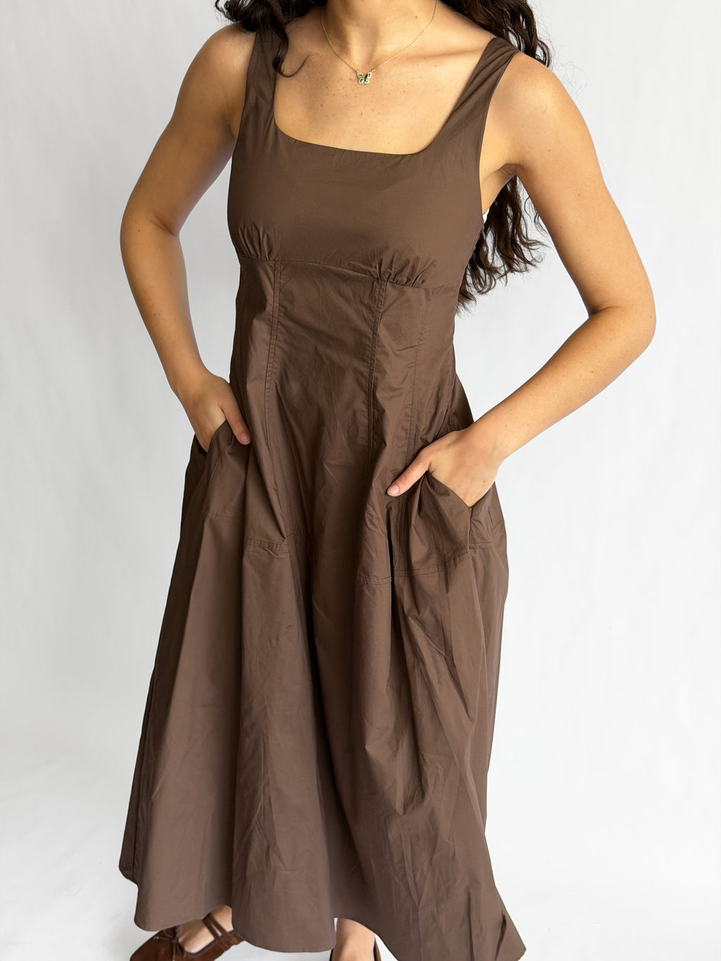 PINCH Bridget Cotton Square Neck Sleeveless Midi Dress (Brown)