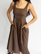 PINCH Bridget Cotton Square Neck Sleeveless Midi Dress (Brown)