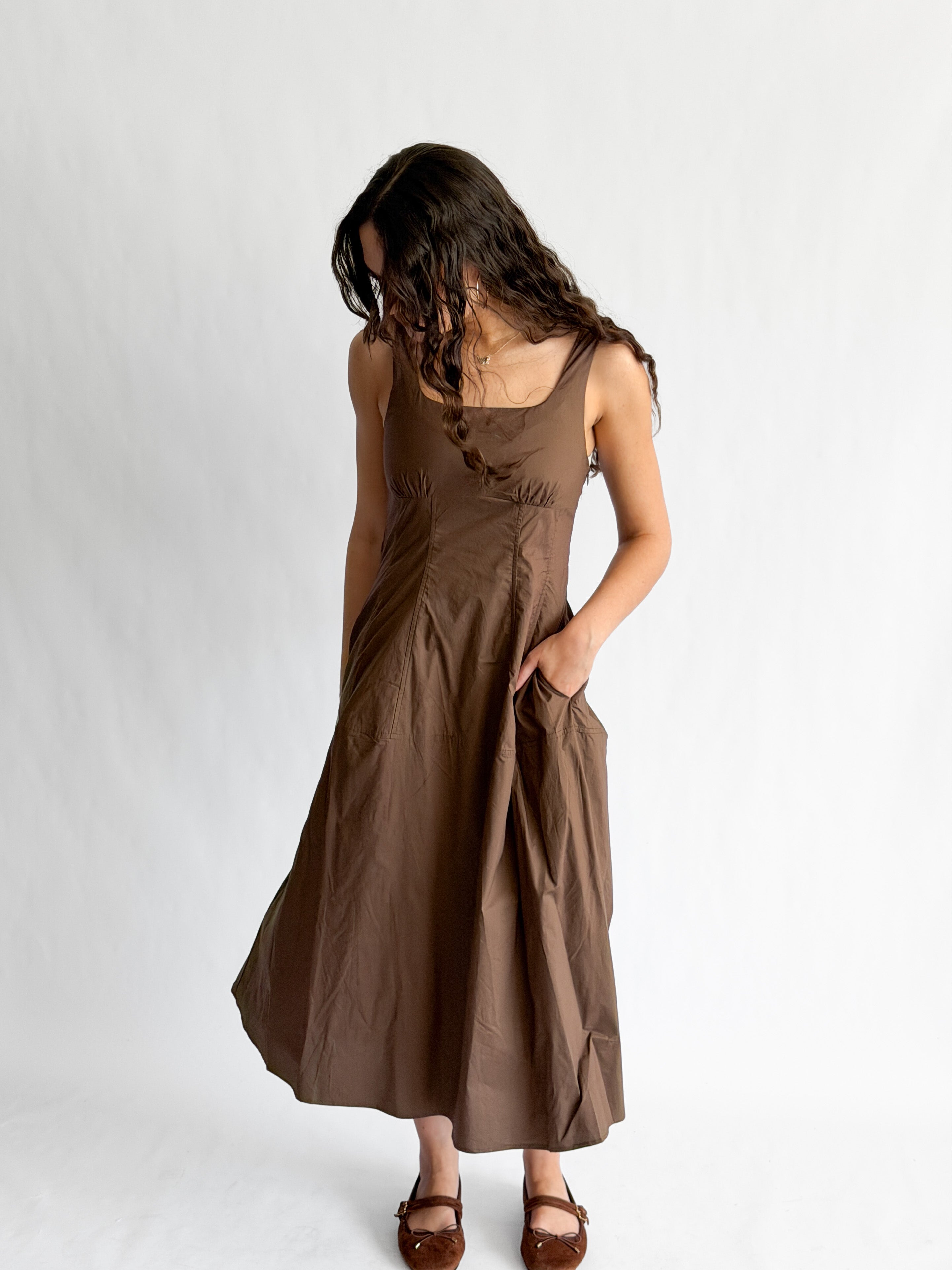 PINCH Bridget Cotton Square Neck Sleeveless Midi Dress (Brown)