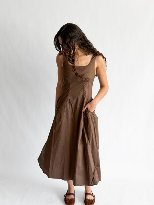 PINCH Bridget Cotton Square Neck Sleeveless Midi Dress (Brown)