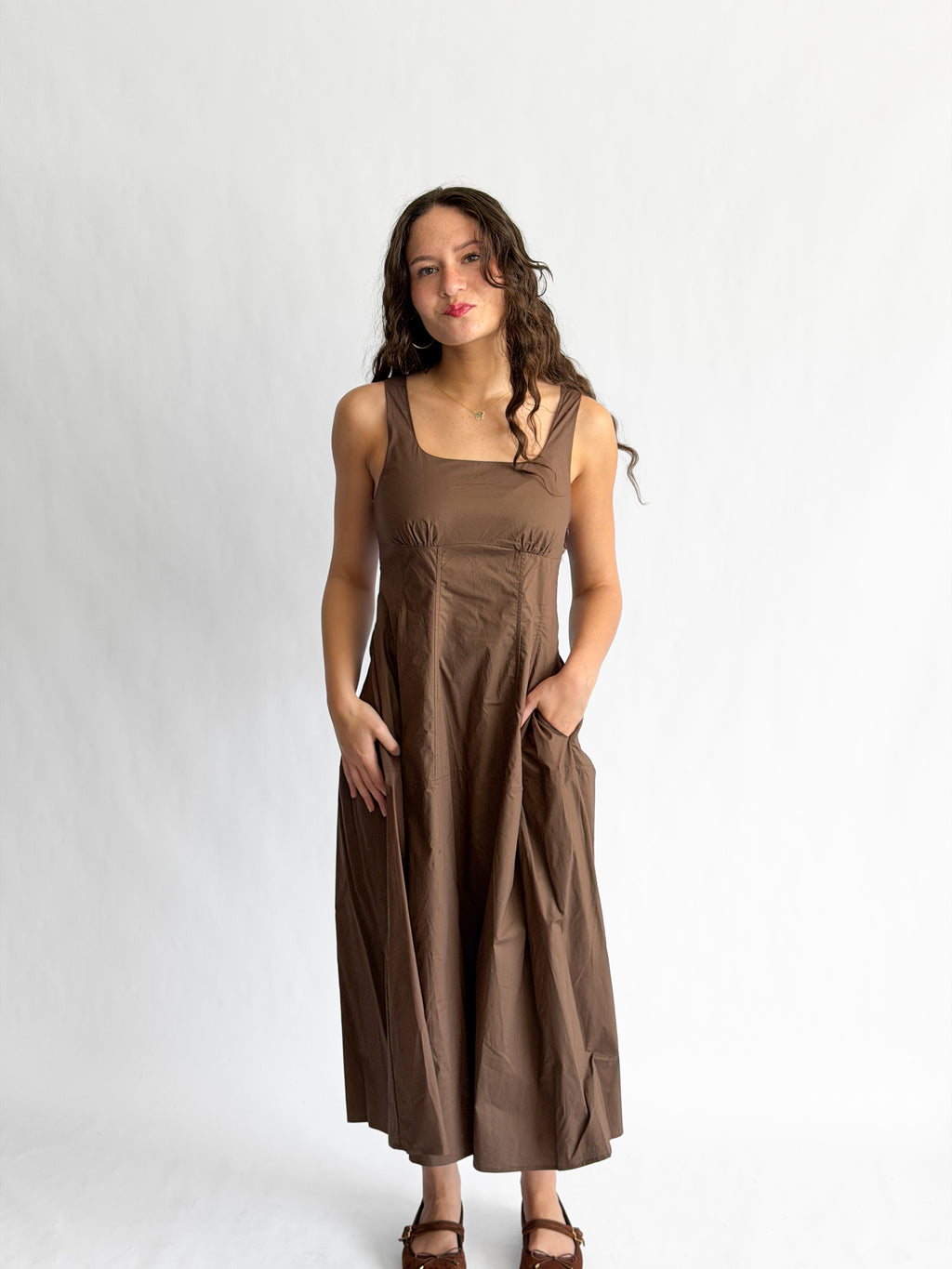 PINCH Bridget Cotton Square Neck Sleeveless Midi Dress (Brown)