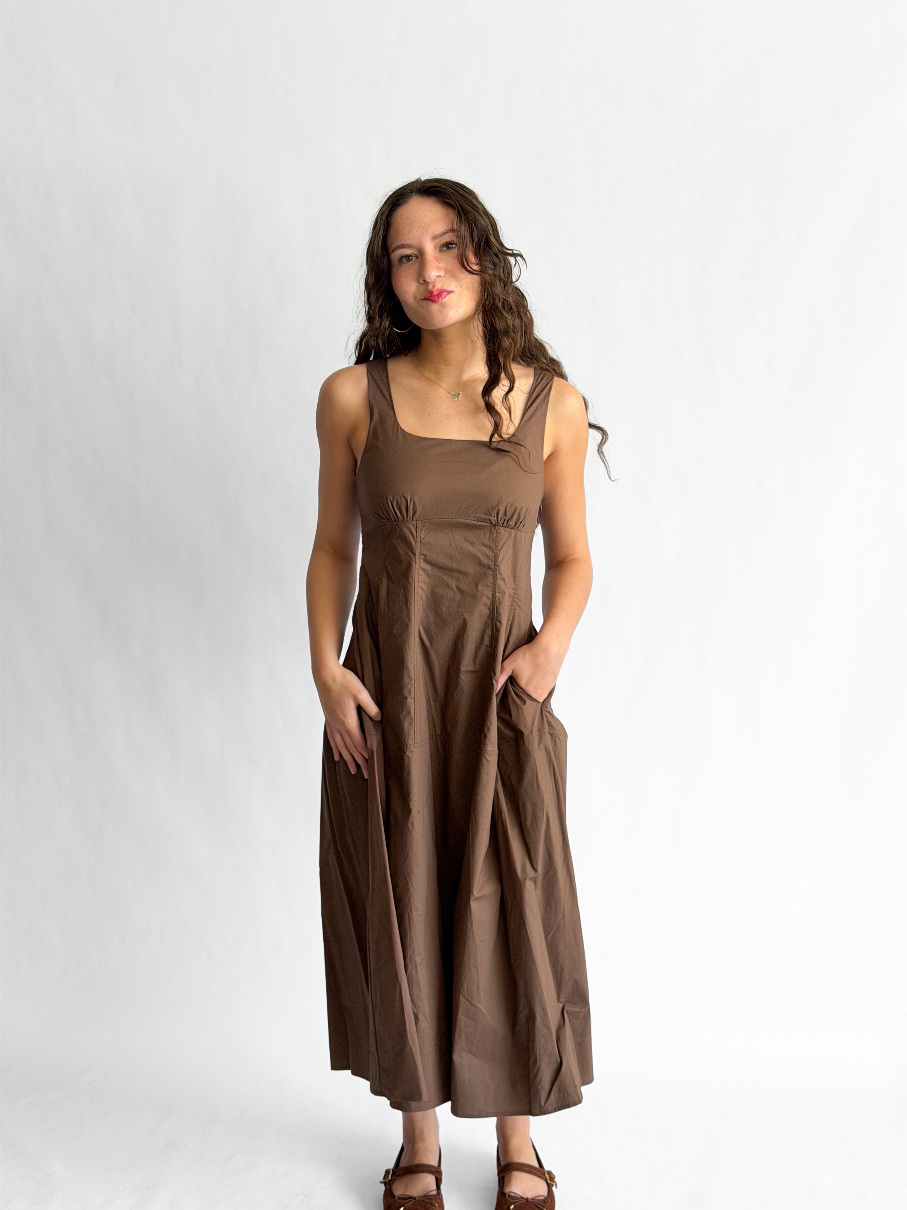 PINCH Bridget Cotton Square Neck Sleeveless Midi Dress (Brown)