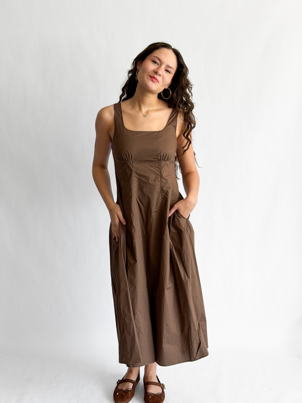 PINCH Bridget Cotton Square Neck Sleeveless Midi Dress (Brown)