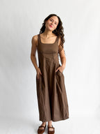 PINCH Bridget Cotton Square Neck Sleeveless Midi Dress (Brown)