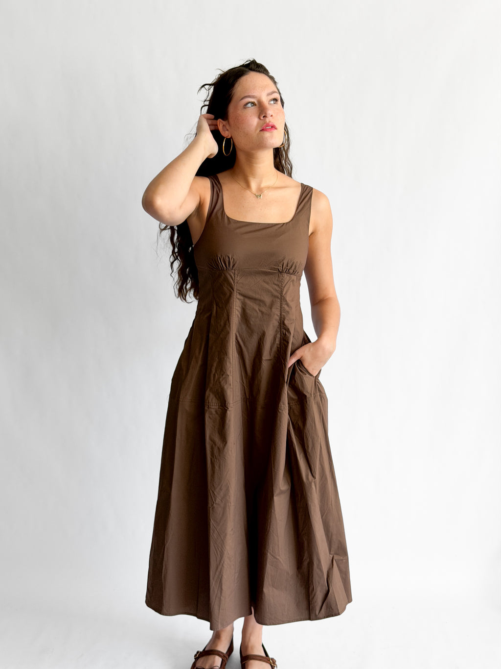 PINCH Bridget Cotton Square Neck Sleeveless Midi Dress (Brown)