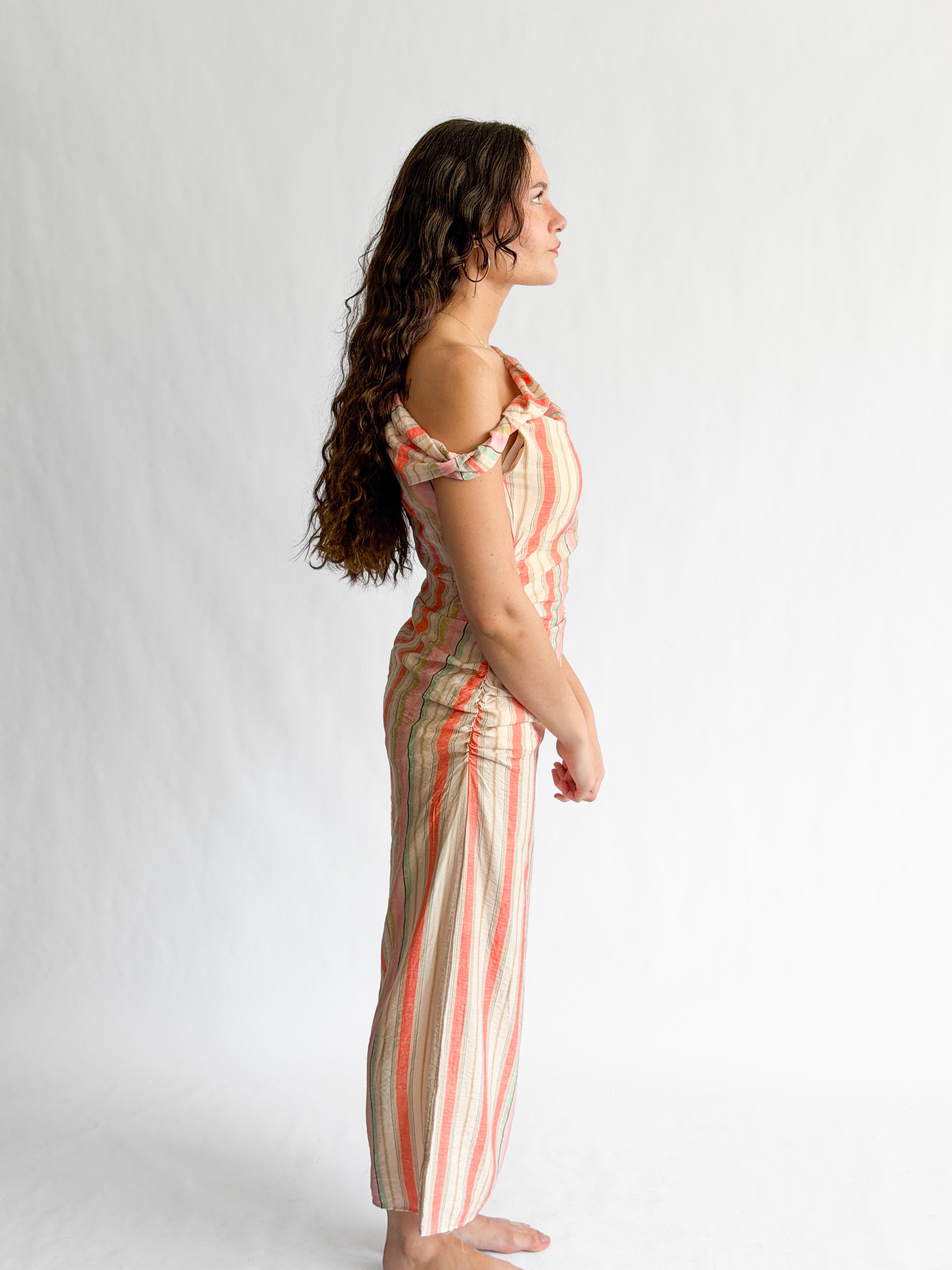 Brooklyn Pink Stripe Shirred Sleeveless Midi Dress