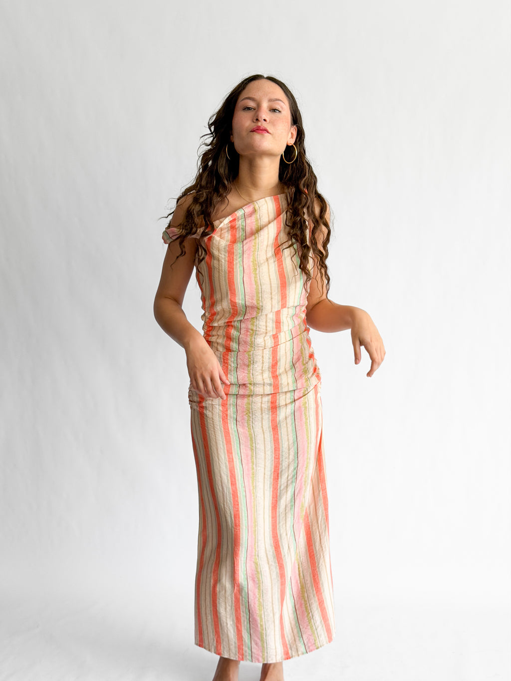 Brooklyn Pink Stripe Shirred Sleeveless Midi Dress