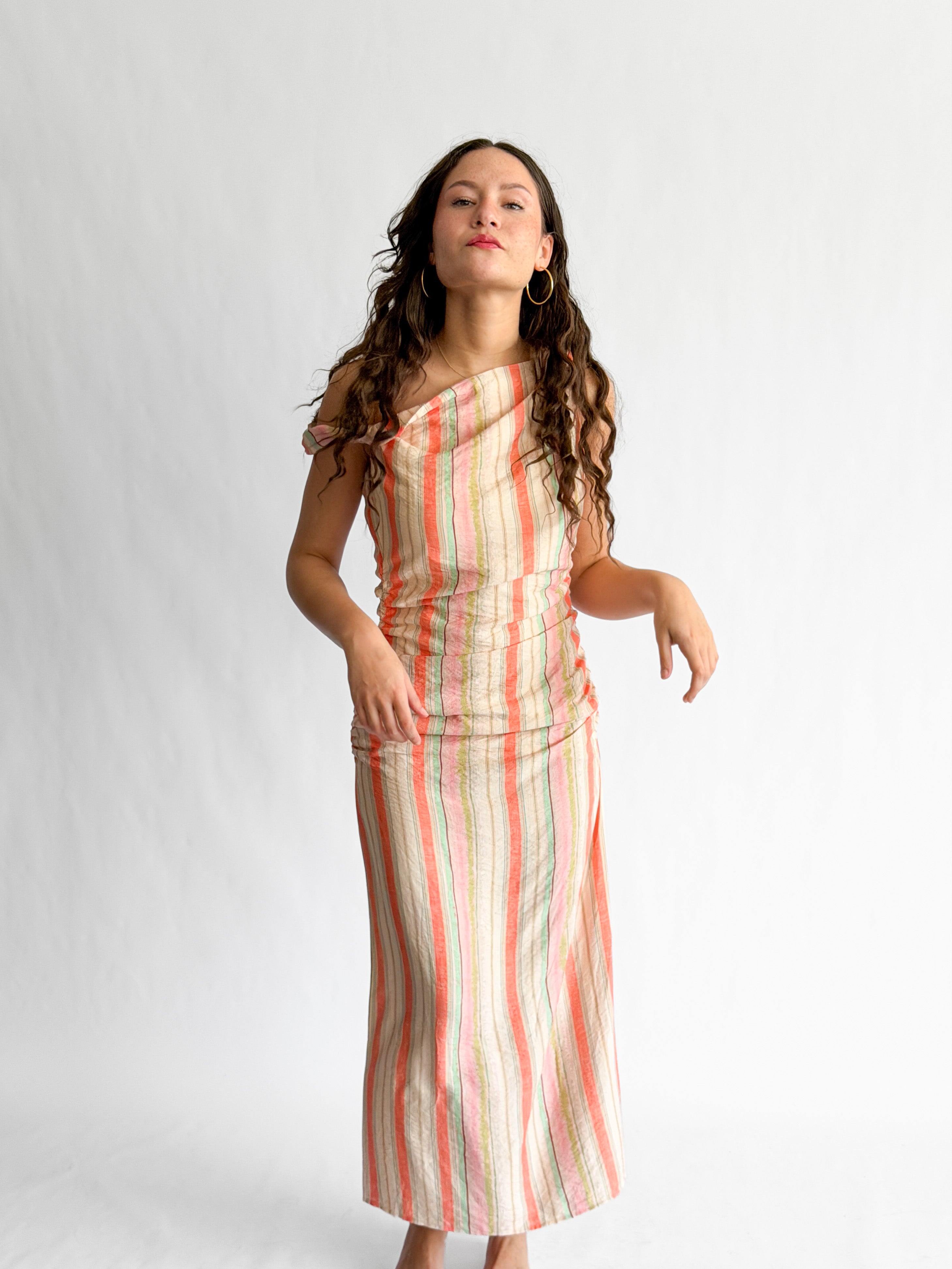 Brooklyn Pink Stripe Shirred Sleeveless Midi Dress