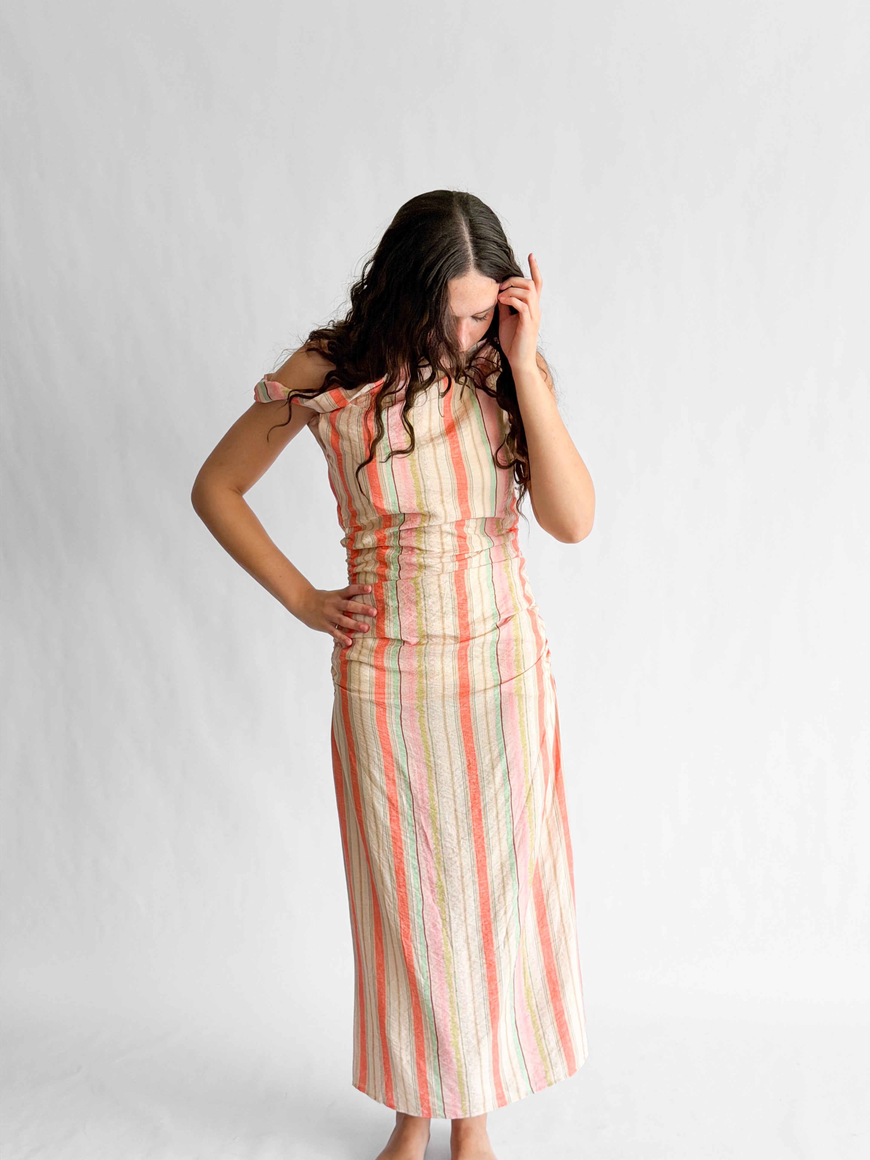 Brooklyn Pink Stripe Shirred Sleeveless Midi Dress