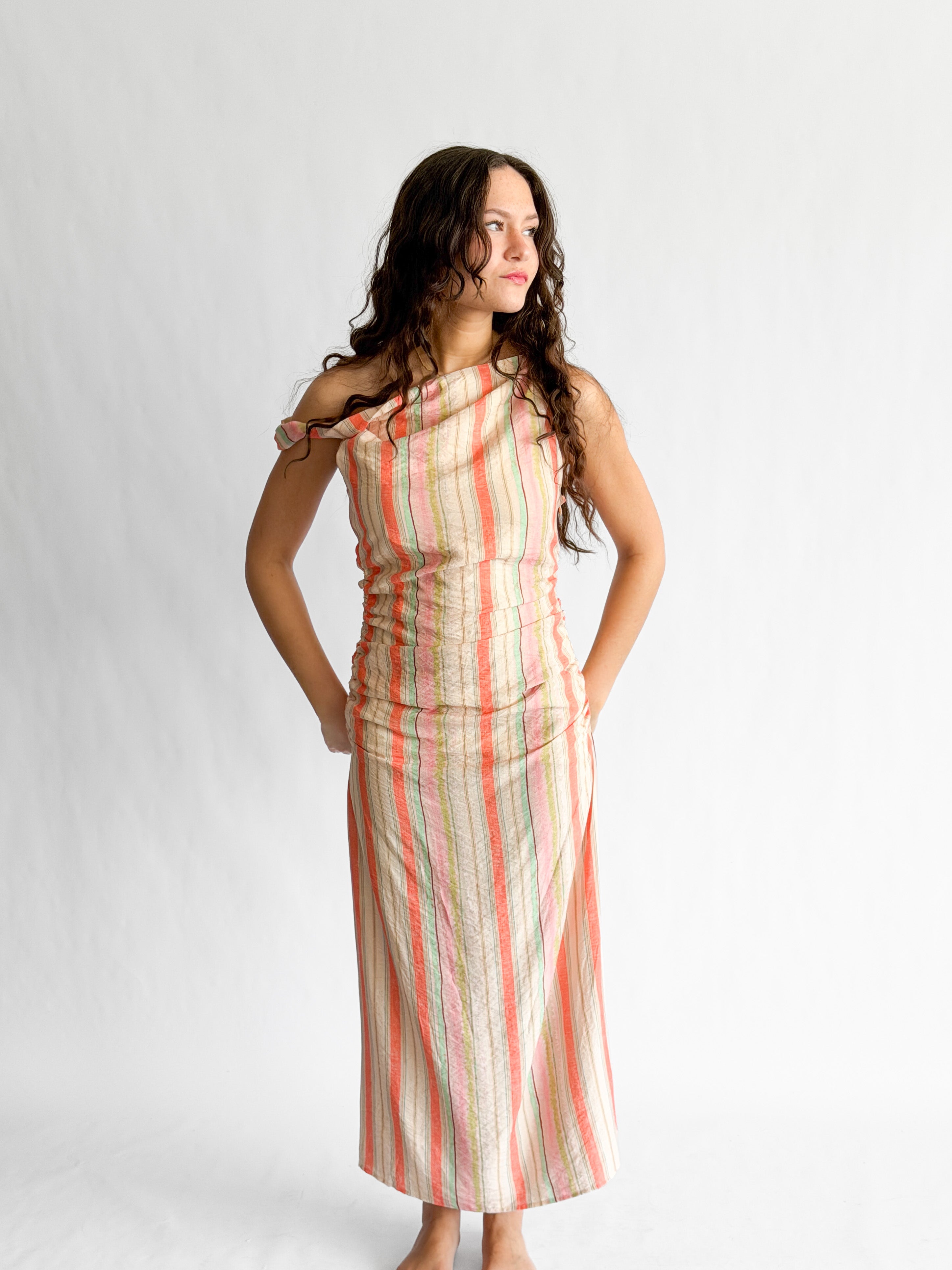 Brooklyn Pink Stripe Shirred Sleeveless Midi Dress