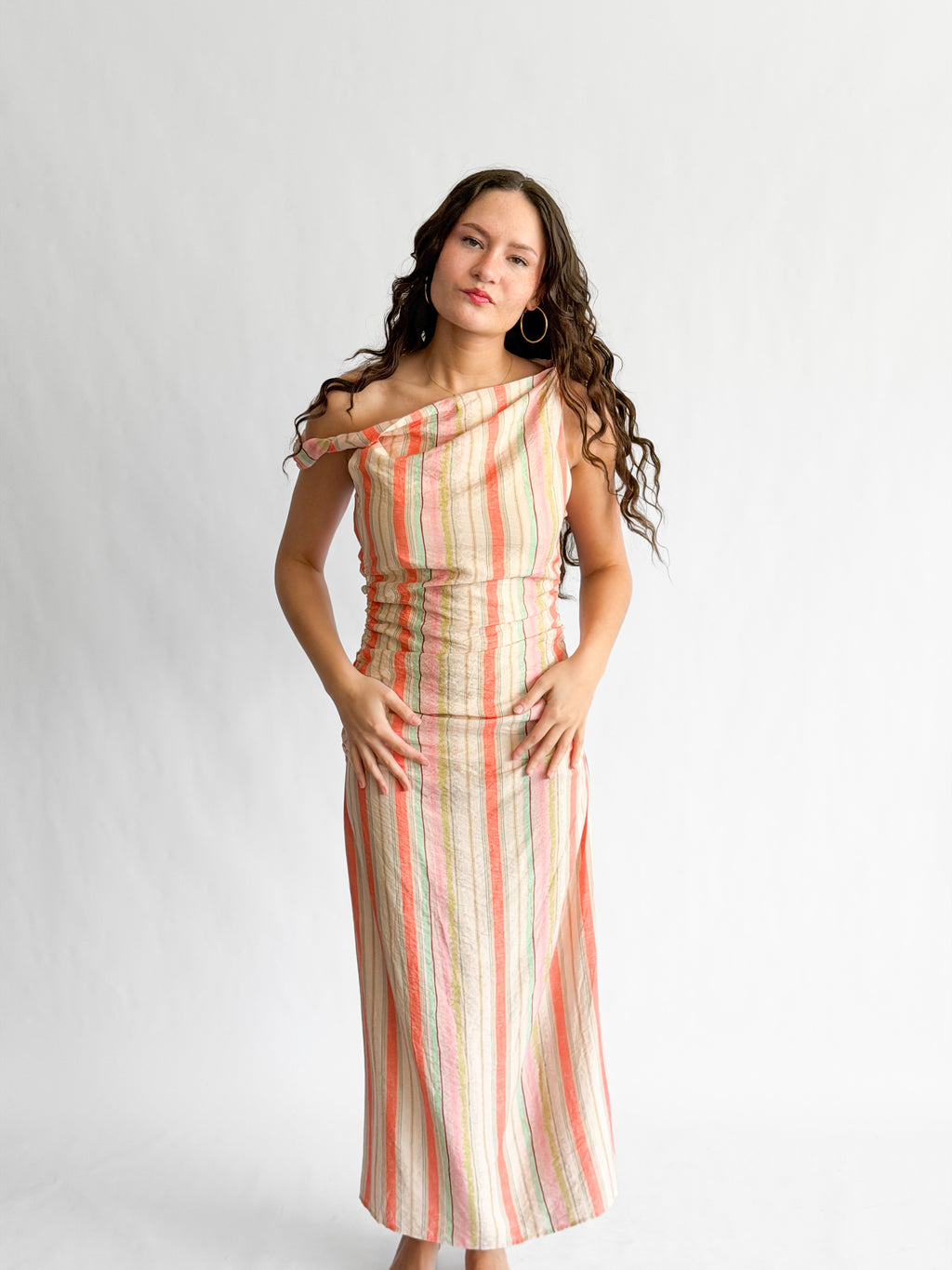 Brooklyn Pink Stripe Shirred Sleeveless Midi Dress