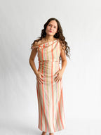Brooklyn Pink Stripe Shirred Sleeveless Midi Dress