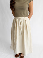 Bianca Beige Stripe Seersucker Tie Waist Midi Skirt
