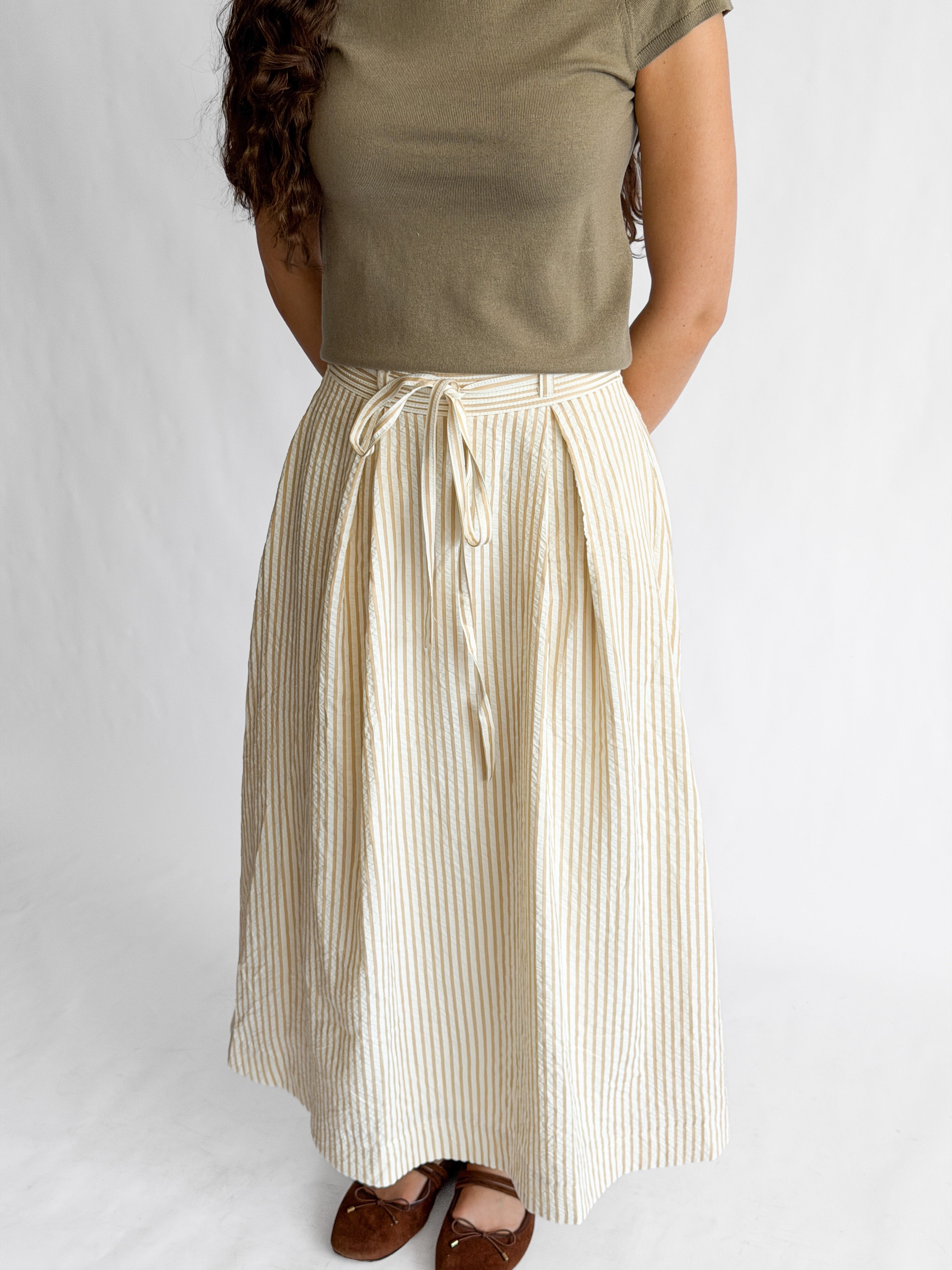Bianca Beige Stripe Seersucker Tie Waist Midi Skirt