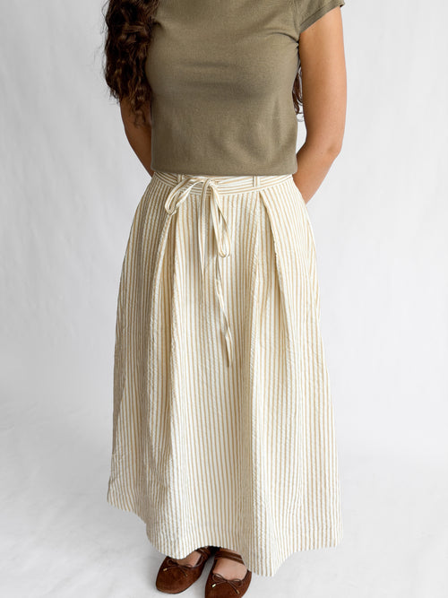 Bianca Beige Stripe Seersucker Tie Waist Midi Skirt