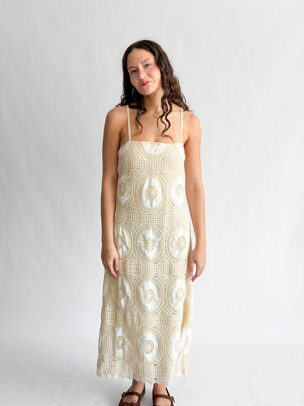 Blair Cream Medallion Crochet Sleeveless Midi Dress
