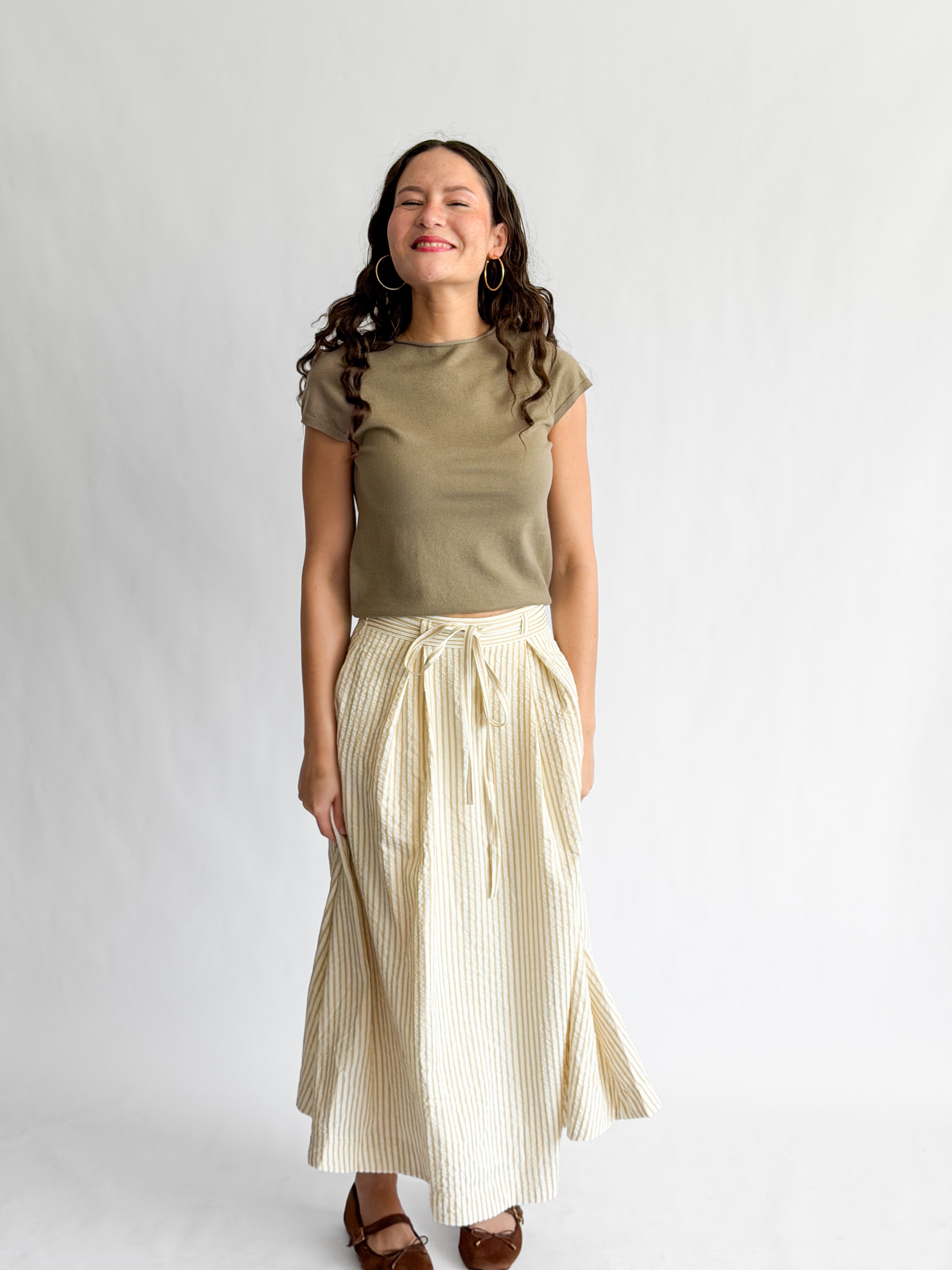 Bianca Beige Stripe Seersucker Tie Waist Midi Skirt