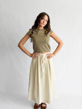 Bianca Beige Stripe Seersucker Tie Waist Midi Skirt