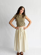 Bianca Beige Stripe Seersucker Tie Waist Midi Skirt