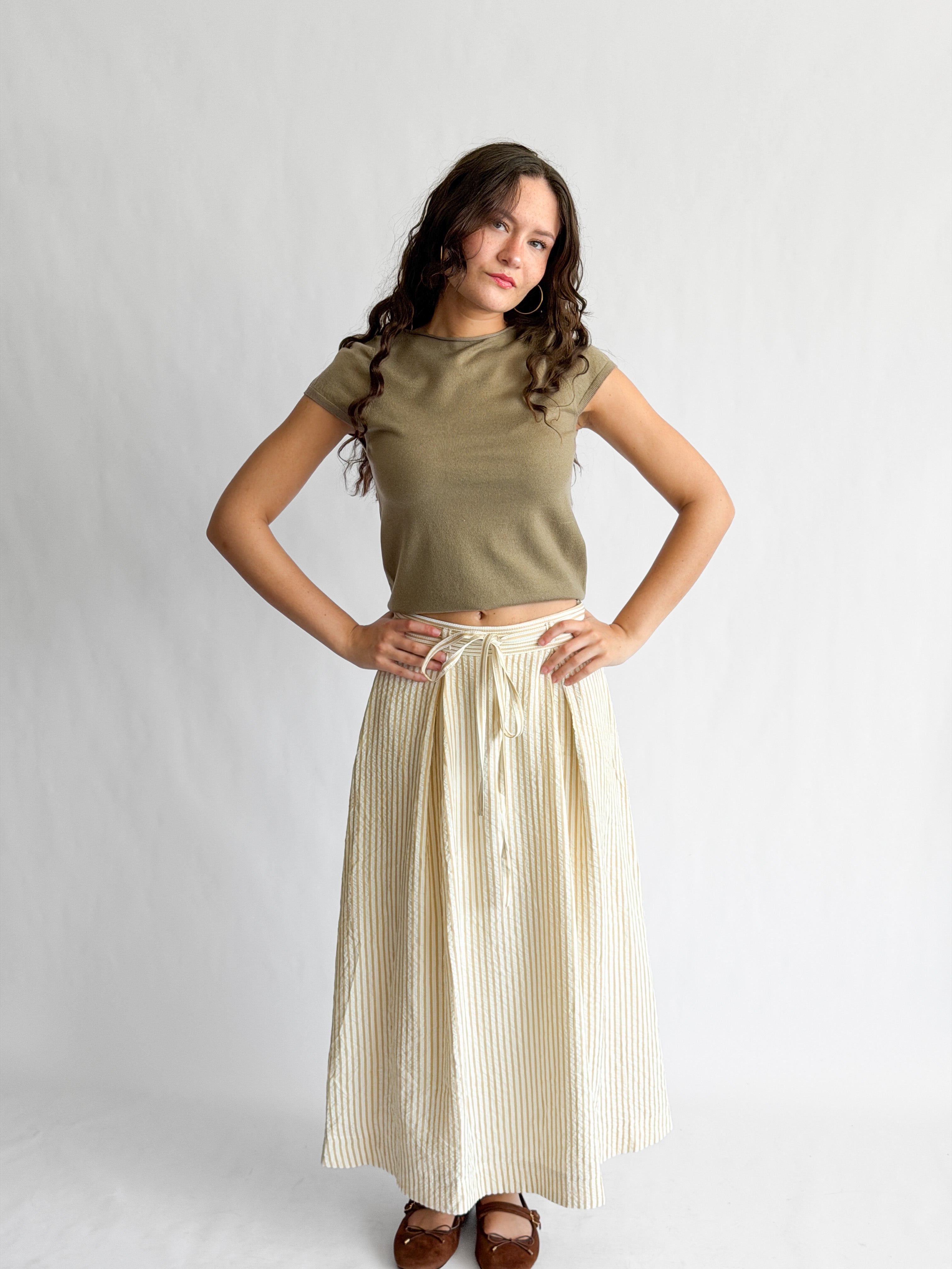 Bianca Beige Stripe Seersucker Tie Waist Midi Skirt