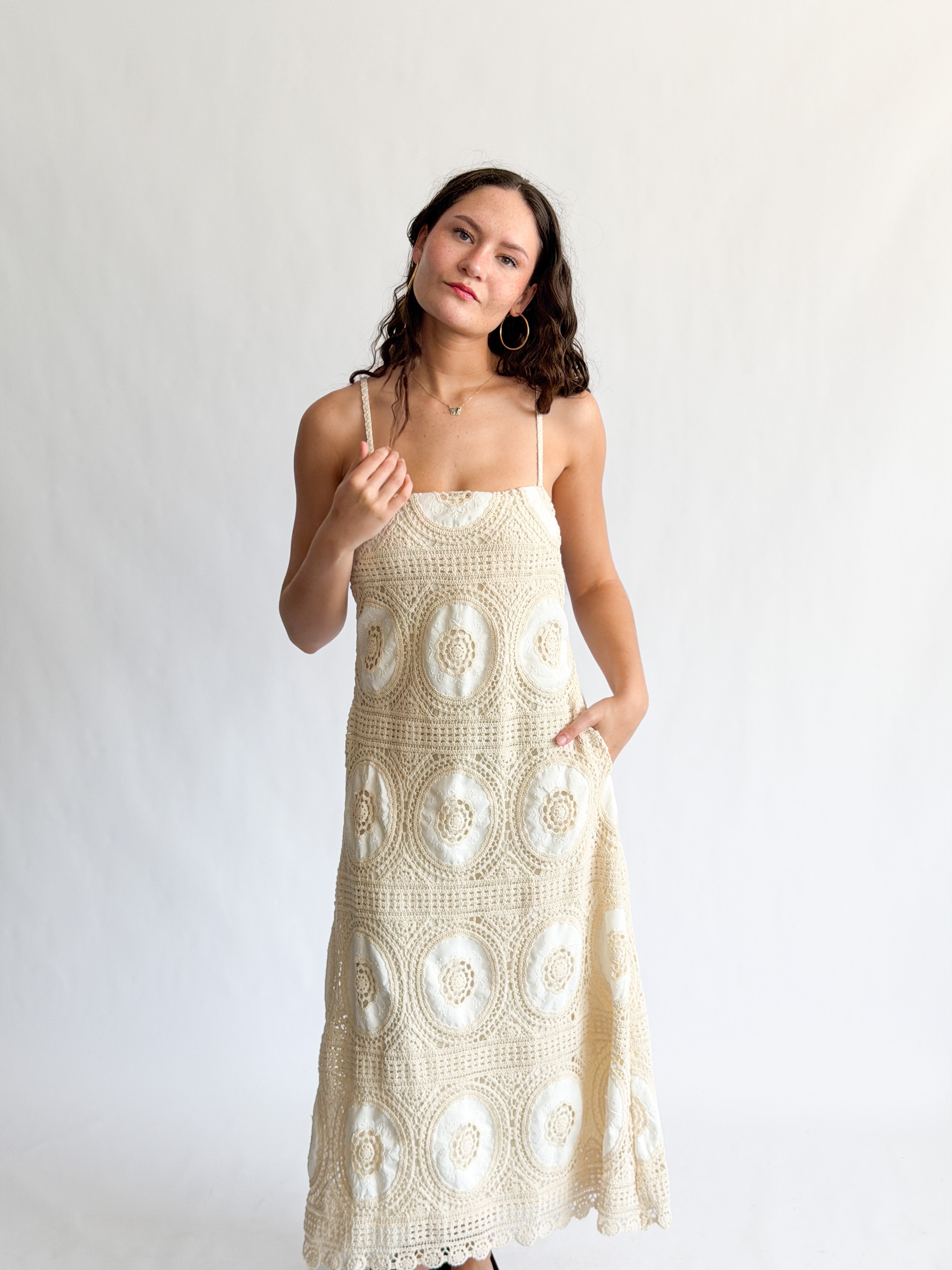 Blair Cream Medallion Crochet Sleeveless Midi Dress