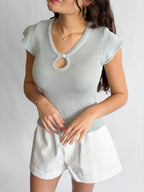 Ruth Woven Knit Keyhole Cap Sleeve Top (Blue)