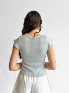Ruth Woven Knit Keyhole Cap Sleeve Top (Blue)