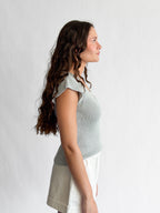 Ruth Woven Knit Keyhole Cap Sleeve Top (Blue)