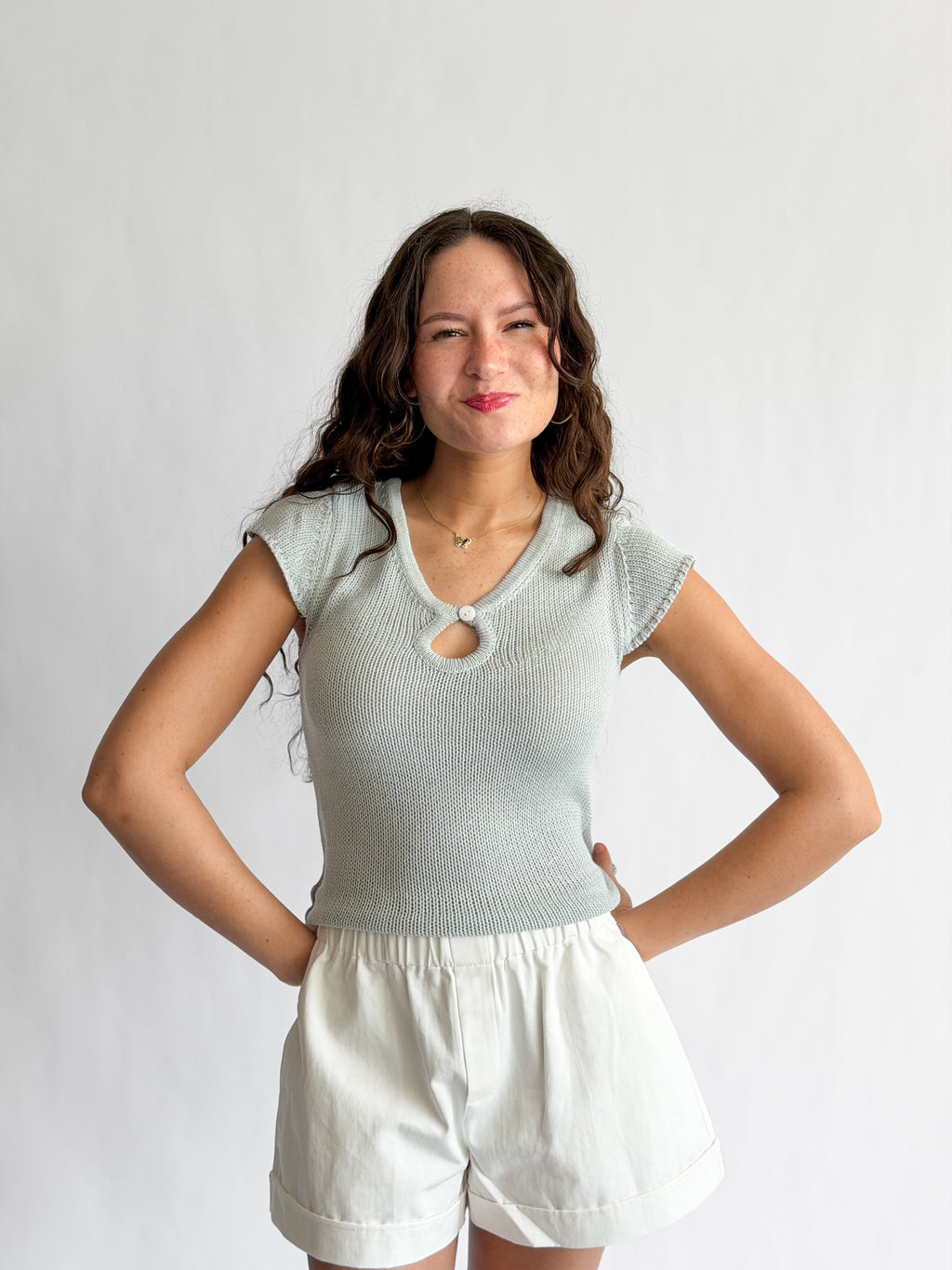 Ruth Woven Knit Keyhole Cap Sleeve Top (Blue)