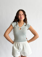 Ruth Woven Knit Keyhole Cap Sleeve Top (Blue)