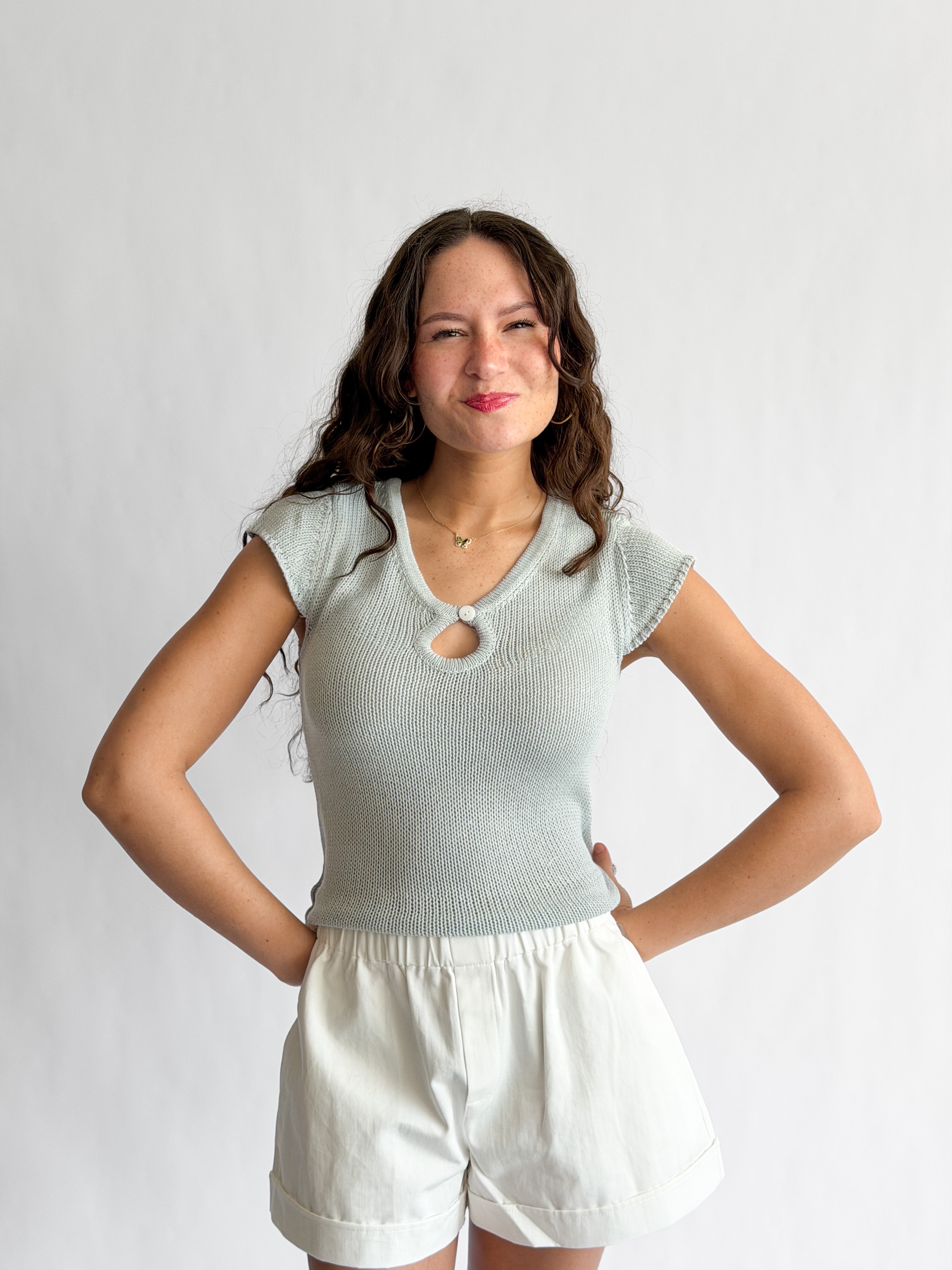 Ruth Woven Knit Keyhole Cap Sleeve Top (Blue)