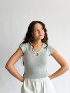 Ruth Woven Knit Keyhole Cap Sleeve Top (Blue)