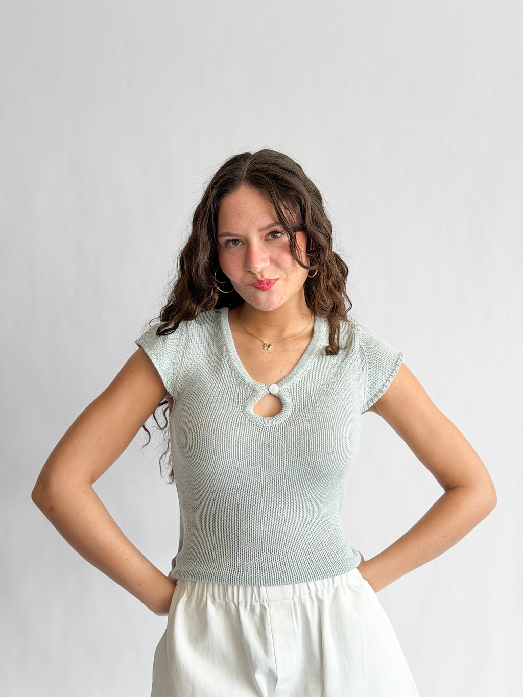 Ruth Woven Knit Keyhole Cap Sleeve Top (Blue)