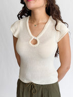 Ruth Woven Knit Keyhole Cap Sleeve Top (Cream)