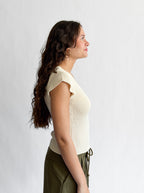 Ruth Woven Knit Keyhole Cap Sleeve Top (Cream)