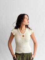 Ruth Woven Knit Keyhole Cap Sleeve Top (Cream)