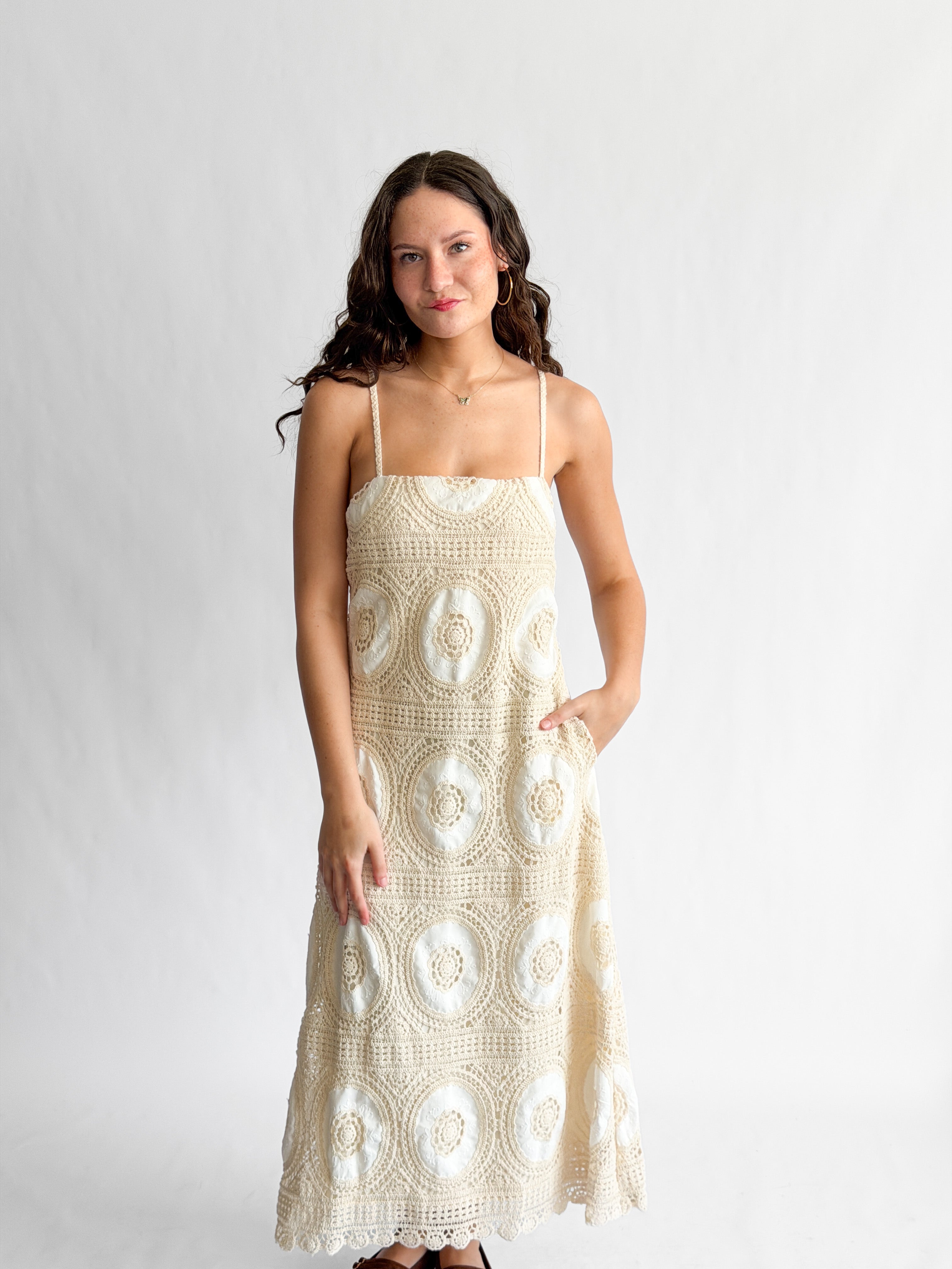 Blair Cream Medallion Crochet Sleeveless Midi Dress