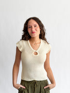 Ruth Woven Knit Keyhole Cap Sleeve Top (Cream)