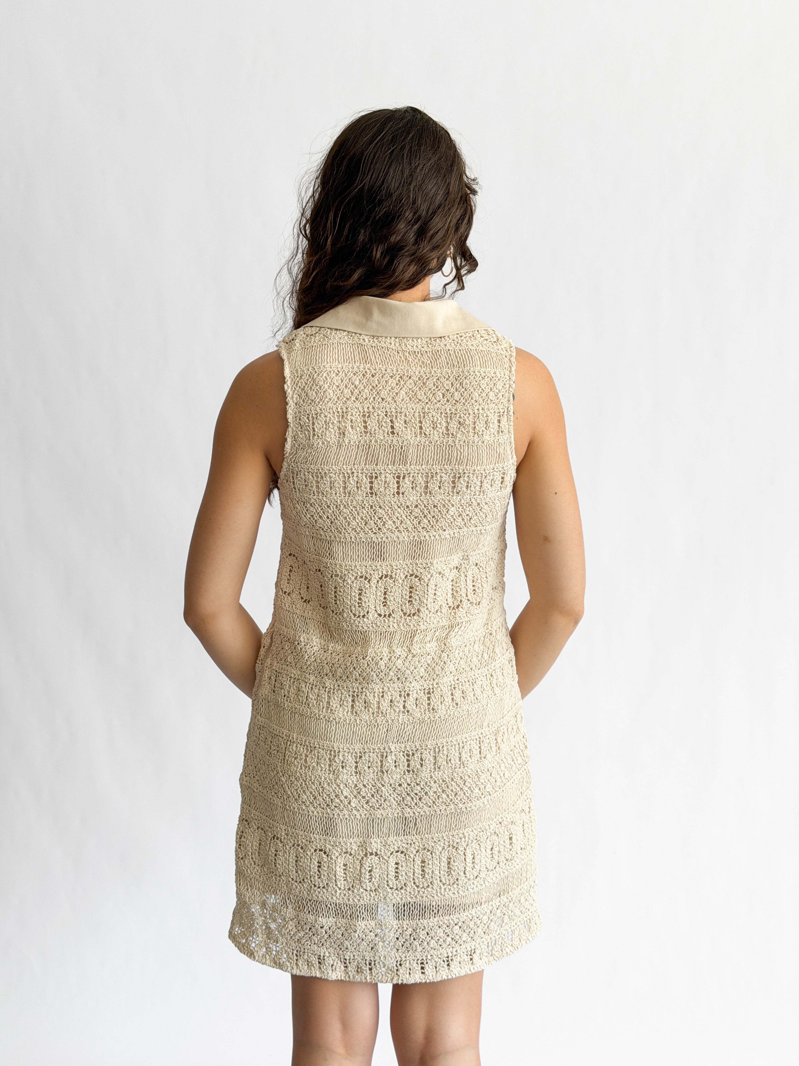 Claire Cream Crochet Lace Sleeveless Collared Mini Dress