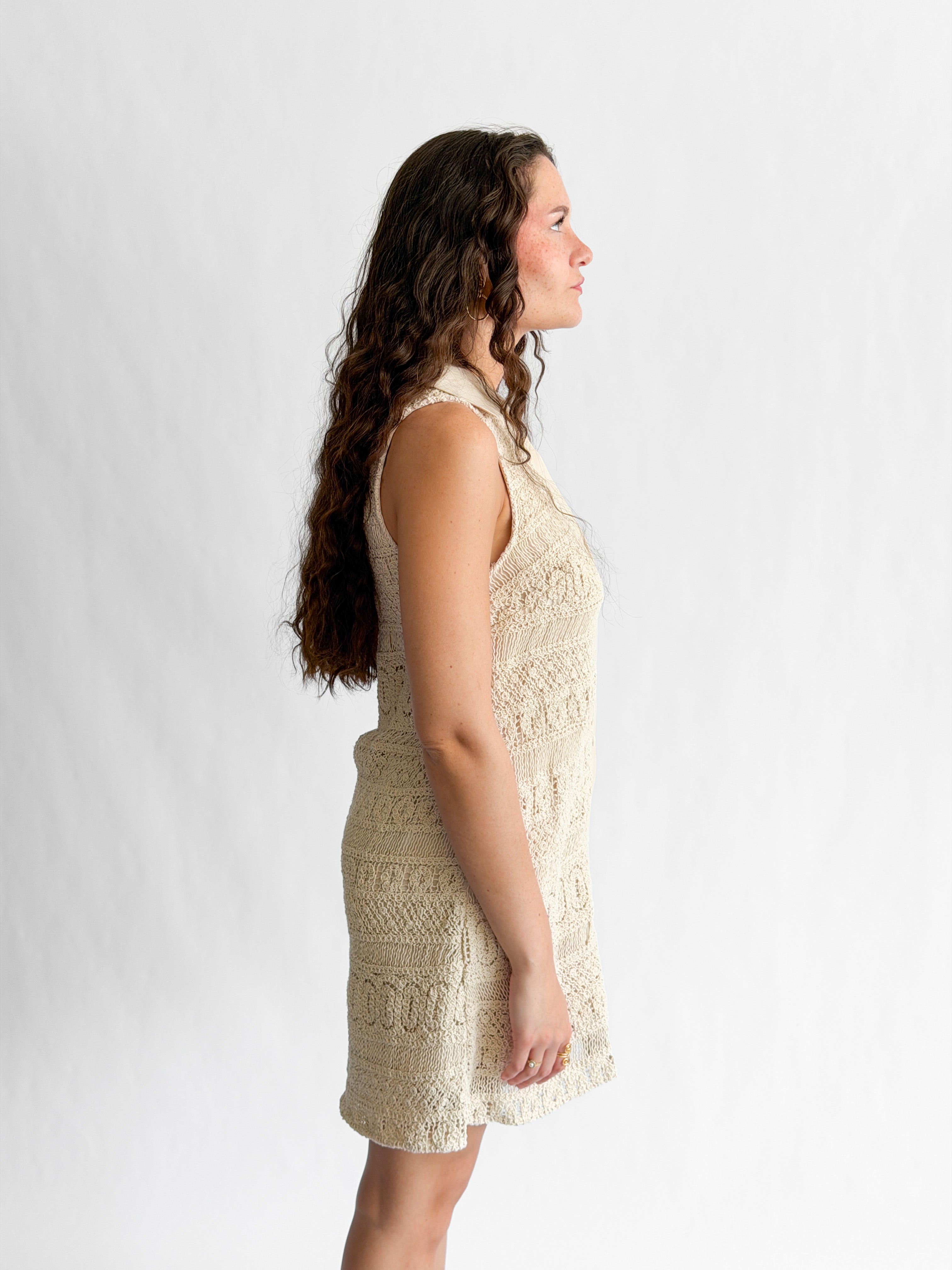 Claire Cream Crochet Lace Sleeveless Collared Mini Dress